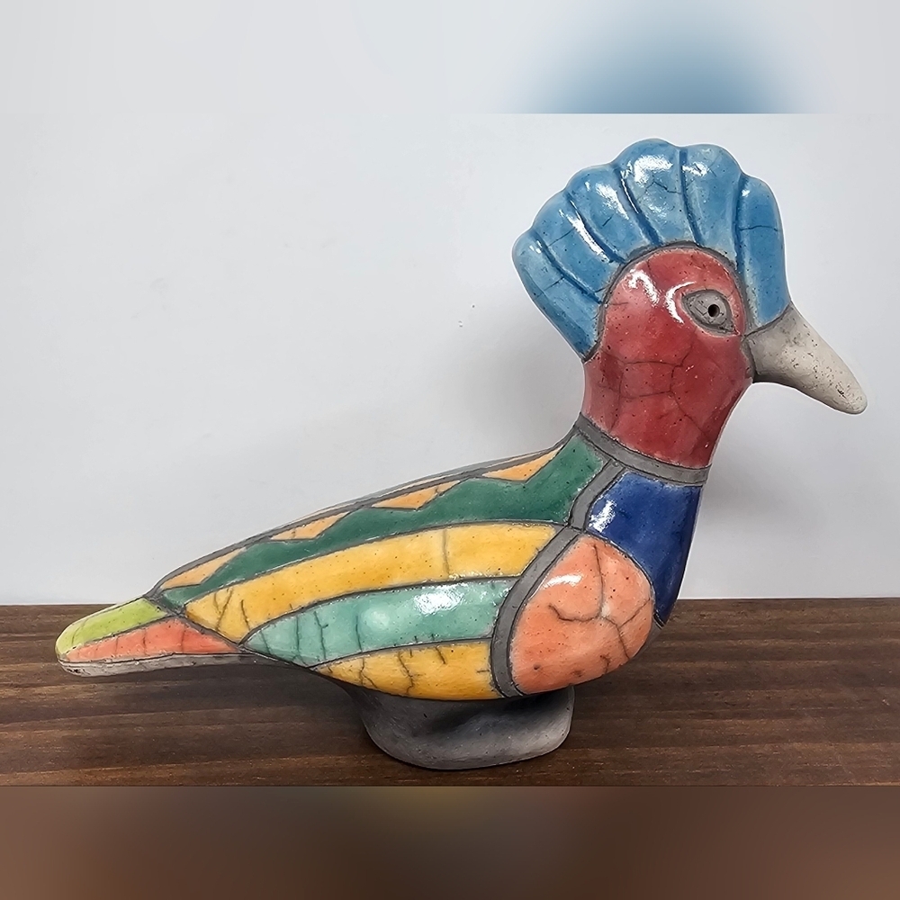 Vintage South Africa Colorful Hoopoe Bird Raku Pottery Statue Figurine Signed